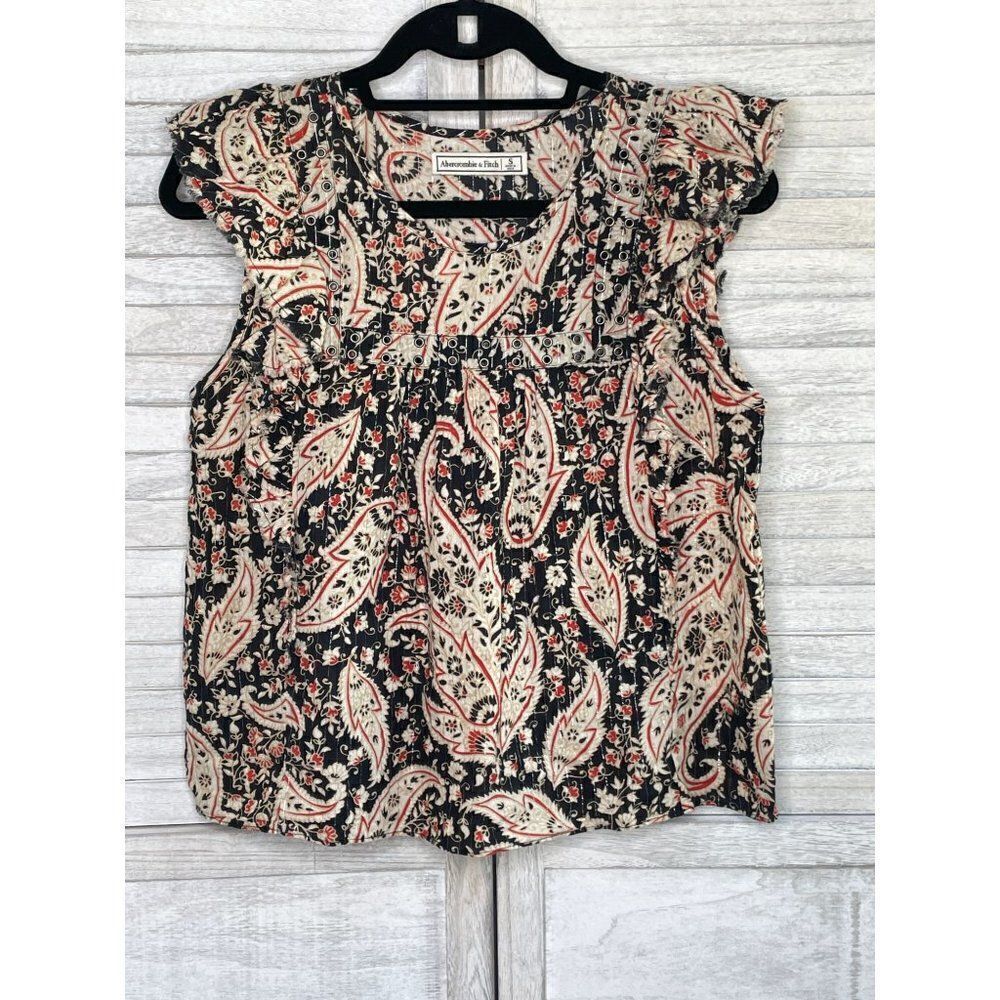 ABERCROMBIE & Fitch Black Paisley Ruffle Sleeve Top Size Small